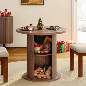 ONBRILL 31.5 Inch Round Dining Table for 2, Fluted Kitchen Table with 2-Tier Storage Shelf, Small Dinner Tables with Sliding Door and Wood Strip Base for Kitchen, Living Room