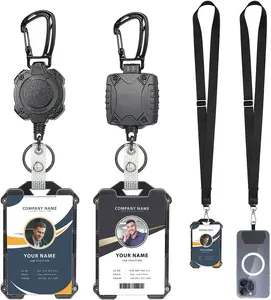 Badge Holder Retractable Clip Heavy Duty Carabiner Badge Reel Keychain with Lanyard ID Cards Holder Cool Tactical ID Holder
