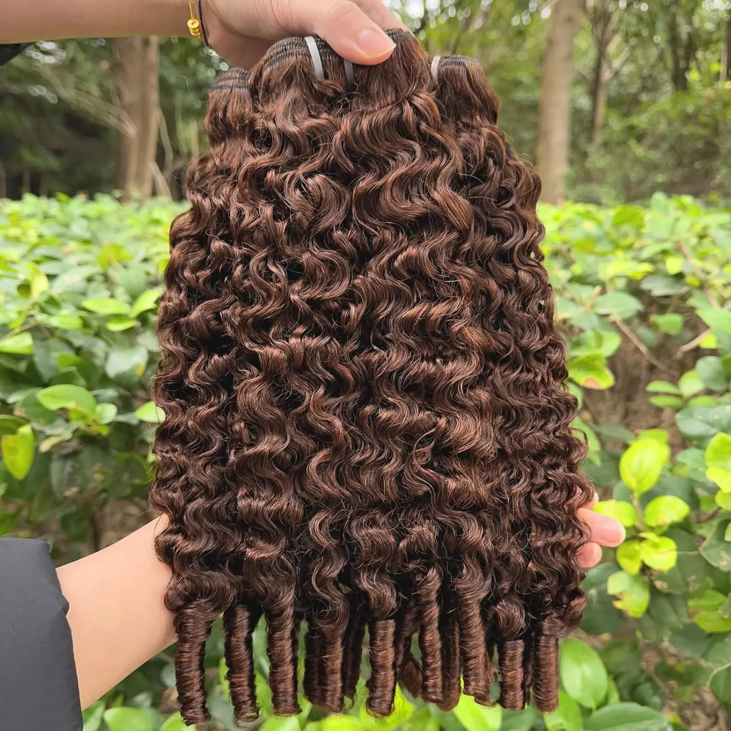 AUROO Curly Hair Extensions, 15A Grade Chocolate Brown #4 Burmese 3C-4A Water Wave Virgin Bulk Human Hair, 3 Bundles for Women, 14/16/18 Inch, Wavy Ponytail Extension, Virgin Hair