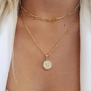 Multi layer women's necklace gift -14K gold-plated exquisite layered paper clip chain necklace coin initial necklace women's birthday gift, Mother's Day exquisite gift outdoorfun