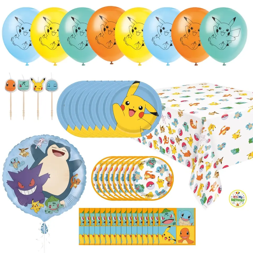Unique Pokémon Birthday Party Supplies for 16 Guests – 63 Piece Kit | Plates, Napkins, Table Cover, Balloons, Character Candles & Sticker | Officially Licensed
