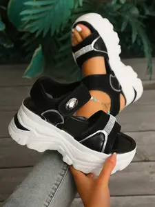 Women's Summer Thick Sole Platform Sandals, Rhinestone Decorative Velcro Dad Shoes, Short Height Increase Casual Sneakers, Adjustable Strap Sandals