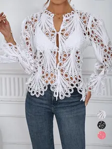 Women's Plain Hollow Out Flounce Sleeve Button Blouse, Solid Color Asymmetrical Hem Long Sleeve Top for Spring Summer Fall, Fashion Women's Clothes