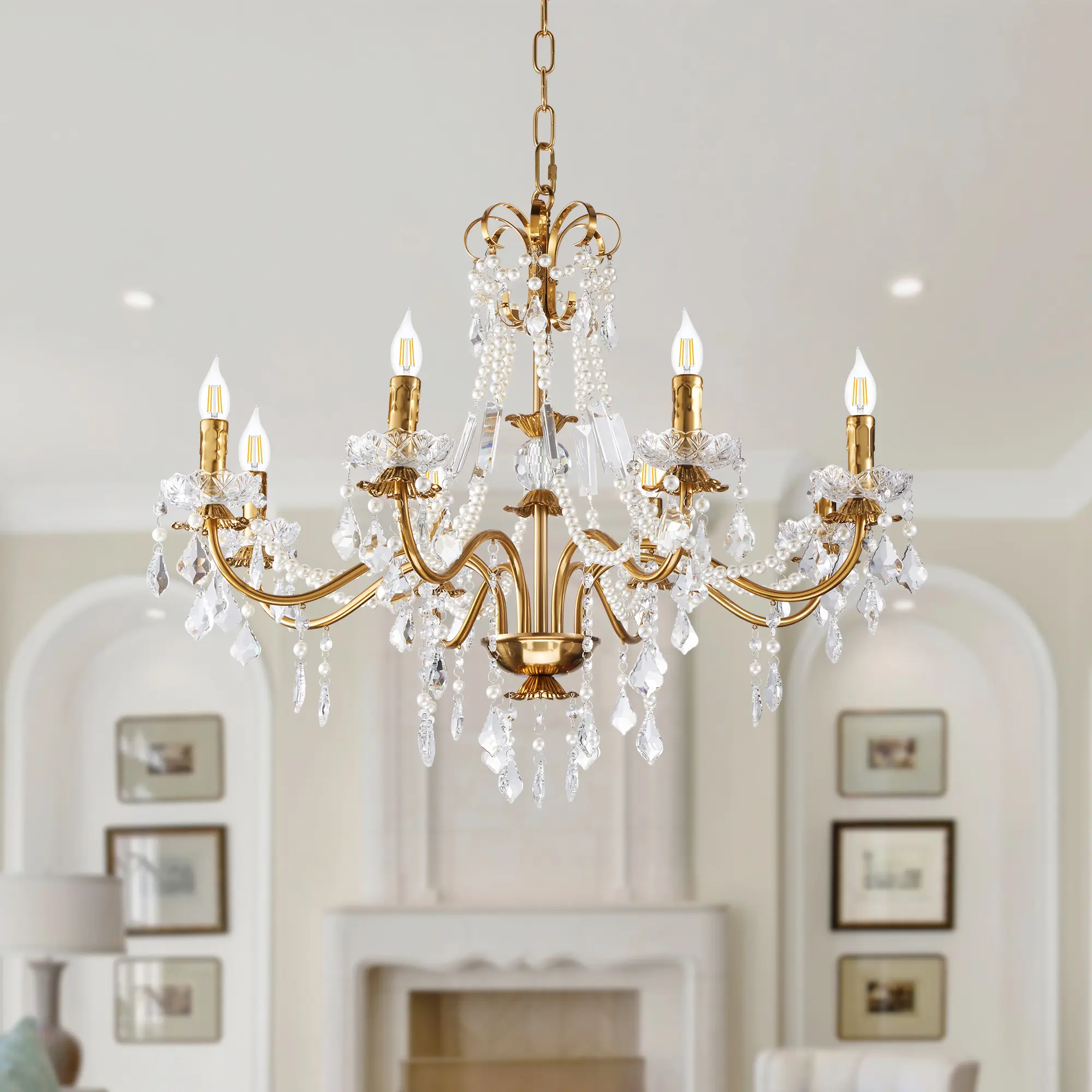 8-Light Antique Gold Vintage Crystal Candle Chandelier, Adjustable Chain E12 Hardwired Luxury Hanging Light for Living Room Dining Farmhouse American Classic Home Decor
