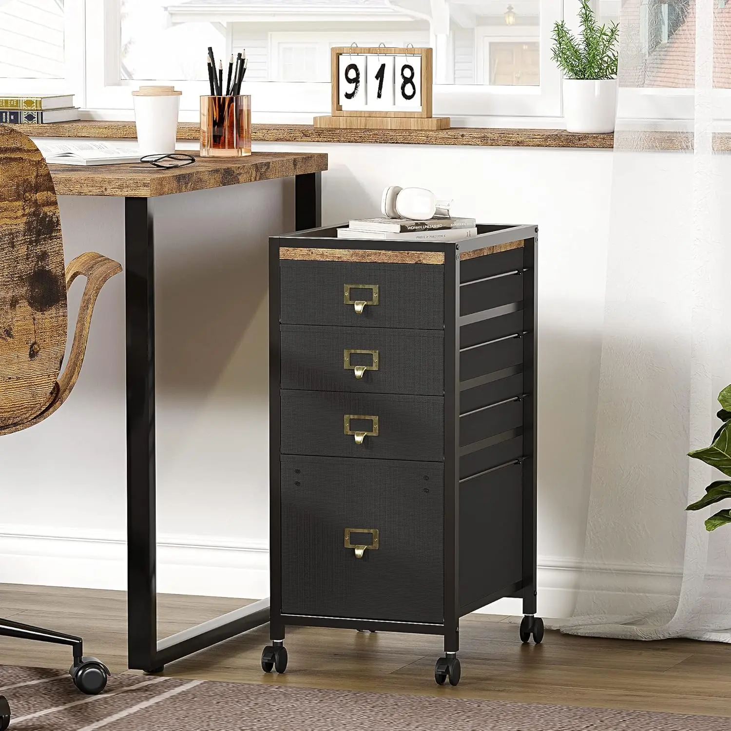 GARVEE Mobile filing cabinet with 4 fabric drawers, office cabinet with 4 wheels, vertical filing cabinet for A4 or letter documents, printer stand, document organizer for home office, 30 x 38 x