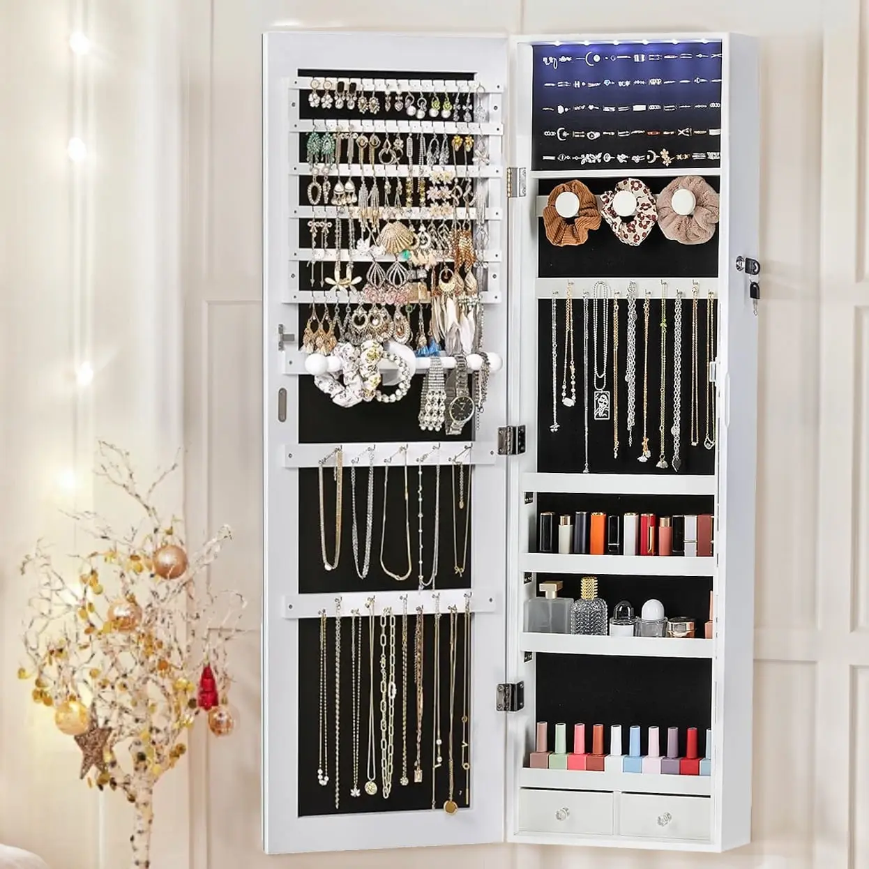 47.2" Lockable Jewelry Cabinet with Full Length Mirror, Wall or Door Mounted Jewelry Armoire with Built-In Makeup Mirror, 6 LED Lights, 2 Storage Drawers, Organizer for Rings, Necklaces, Earrings, Bracelets, Cosmetics and Accessories for Bedroom