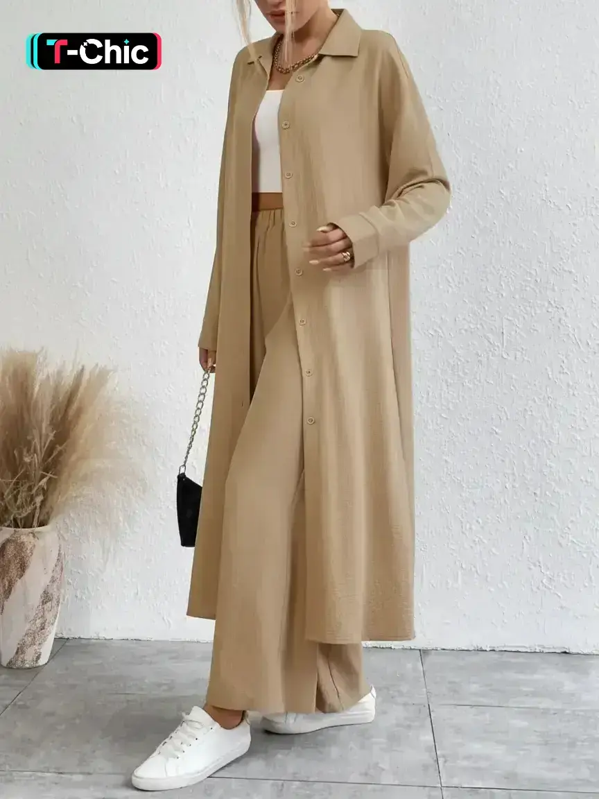 Women's Solid Button Front Shirt & Wide Leg Pants Two-piece Set, Casual Drop Shoulder Long Sleeve Top & Trousers Set, Women's Clothes for Daily Wear, Casual Loungewear Set, Casual Suit Set, Casual Matching Set