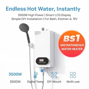 3500W Tankless Water Heater with Shower Head, Instant Hot Water, LCD Temperature Display, Compact Electric Heater for Bathroom Kitchen RV, Easy Install 110V