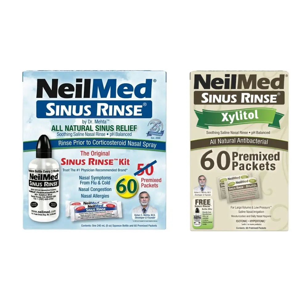 NeilMed Sinus Rinse Kit with 60 Xylitol Premixed Packets - All Natural Antibacterial Saline Nasal Rinse for Allergy & Sinus Pressure Relief, pH Balanced