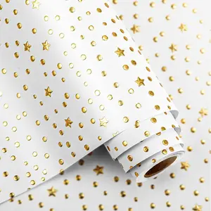 White Kraft Wrapping Paper Roll-17x197 Inch (23.4sqft)-Gold 3D Embossed Foil Stars & Dots for Birthdays,Holidays,Weddings