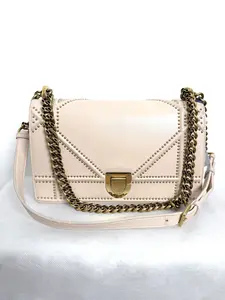 Pre-owned Dior Christian Beige Studded Leather Crossbody Bag 2017 Italy Gently Used with Adjustable Chain Strap & Goldtone Hardware
