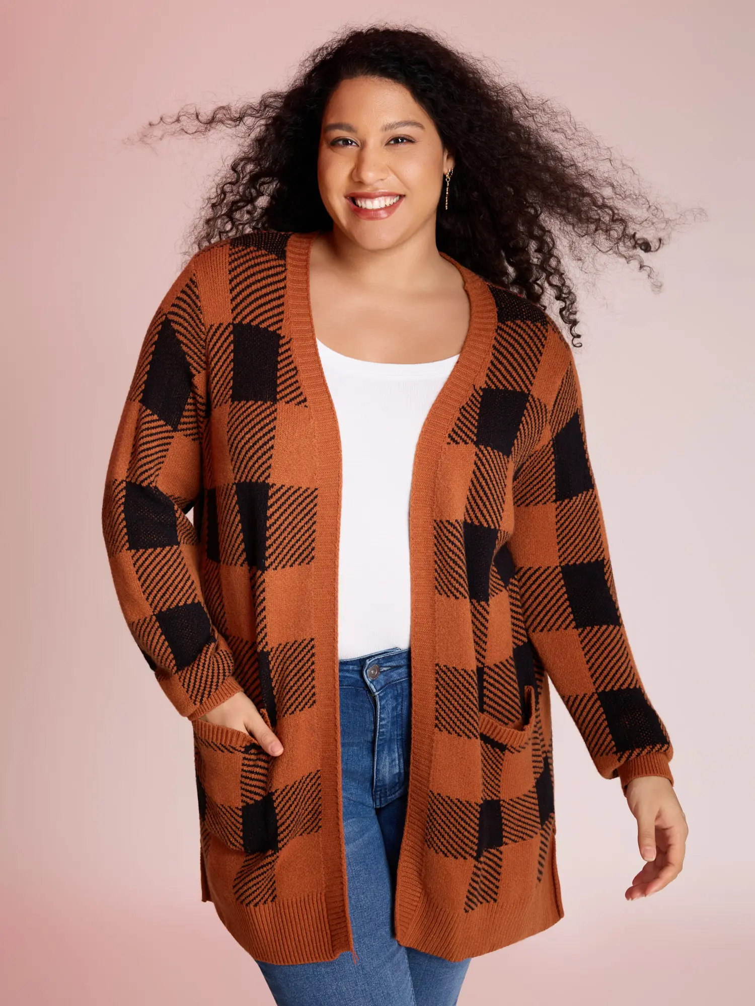 BloomChic Women's Plus Size Plaid Kimono Cardigan Top - Baggy Oversized Open-Front Nylon Knitwear, Long Sleeves, Pockets, Side Slits, Rust, Low Iron, Hand Wash Only, No Dry Clean, Casual Supersoft Ladies' Tops, Fabric, Plus Size Tops