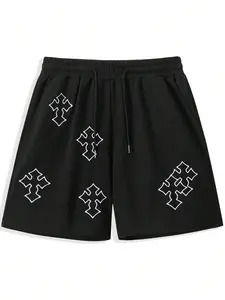 Men's Cross Print Drawstring Waist Shorts, Casual Fitted Regular Fit Pocket Straight Leg Shorts for Summer, Men's Bottoms for Daily Wear