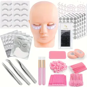 Training Eyelash Extension Tool Kit, Model Head Tweezers Brush Practice Set, Dense Lashes Positioning Stickers Cleaning Brushes Glue Rings, False Lash Extension