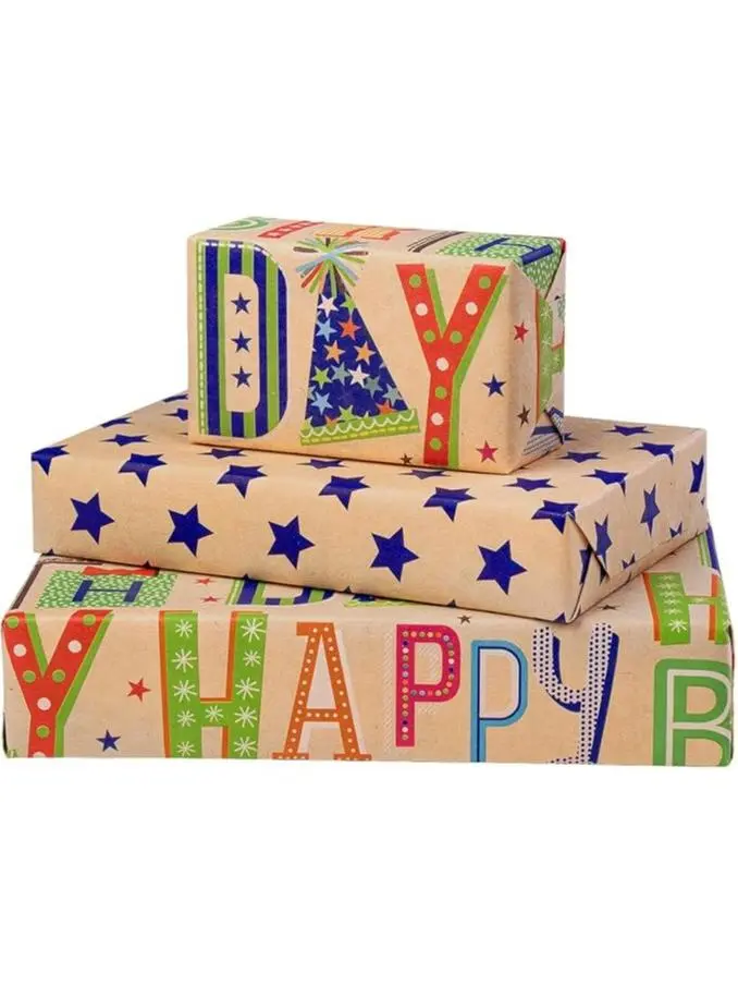 RUSPEPA Reversible Birthday Wrapping Paper Roll, Double-Sided Kraft Gift Wrap with Fun Birthday Design, Cute Paper for Kids Boys & Girls Party Gifts, 17in x 9.8ft