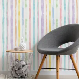 Multi - color Watercolor Vertical Striped Pattern, Fresh Playful Style, Wallpaper (Vinyl Material) Self - Adhesive Peel and Stick DIY Home Decor Sticker, Kids' Room Wall Wardrobe Drawer Furniture Renovation Space Transformation Multi - Scene Application