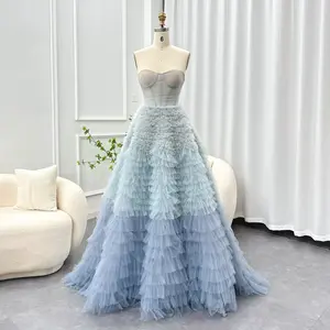 Chic Blue Ombre Tiered Ruffles: Luxury 2025 Dubai Ball Gown Evening Dresses