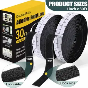 30Ft x 1 Inch Hook and Loop Strips with Adhesive – 2 Rolls Heavy Duty Hook and Loop Tape with Backing for Home, Office, School, and Crafting Projects, Black