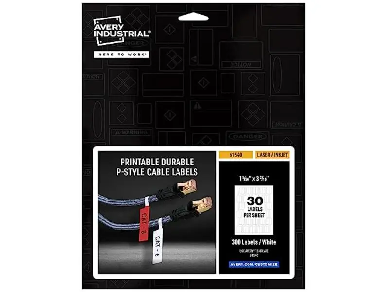 Avery AVE61540 P-Style Self-Adhesive Cord Cable Labels, 1 x 3.3 in, for Office Computers & Stationery Organization, P-Style Label, Laser Printer