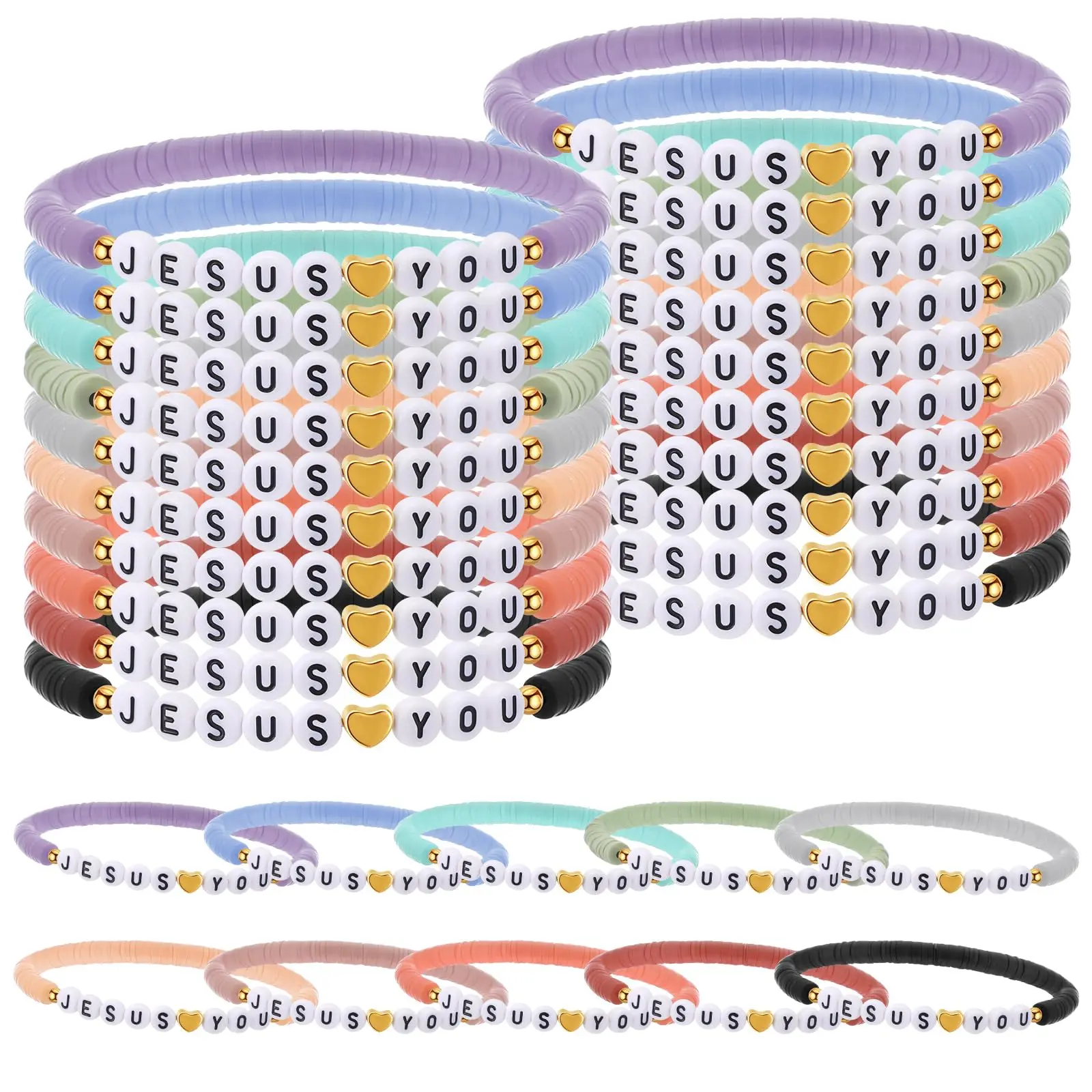 30pcs Jesus Loves You Bracelets Bulk Christian Gift for Women Men Teens Religious Gifts WWJD Cross Clay Beads Friendship Bracelets for Church Sunday School Classroom Rewards Trick or Treat Gift Goodie Bag Stuffers