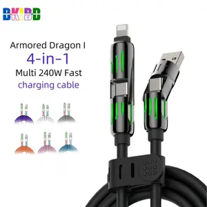 BKIBD 4 in 1 Data Cable, 240W Fast Charging Silicone Cable, Multi Connectors Lightning Charger Rotating Elbow Design USB to Type-C Cable, Data Transfer Cable, Smartphone