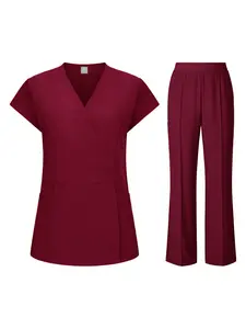 Stretchy Soft V-Neck Scrub Set Doctor Nurse Short Sleeve Long Pants Work Uniform Hospital Staff Outfit