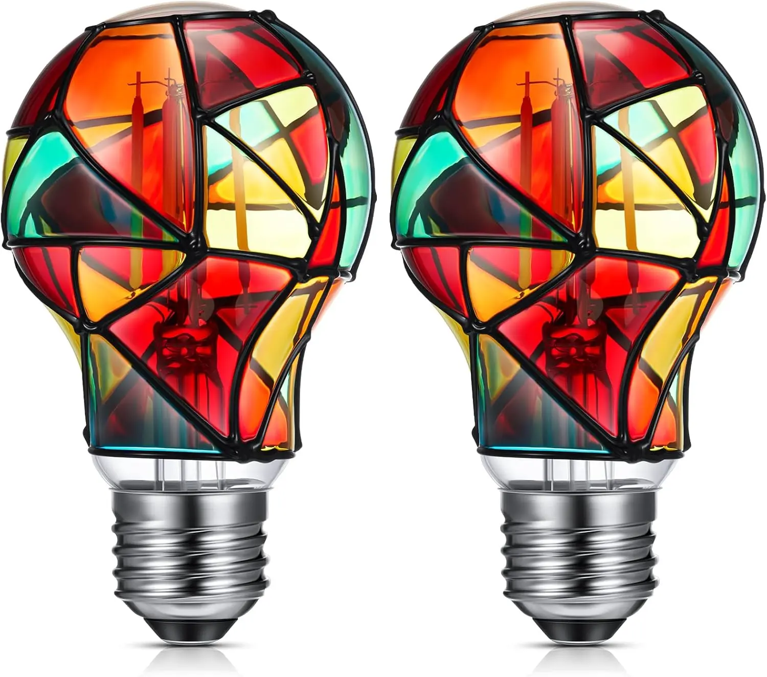 2 count Stained Glass LED Light Bulb E26 Base Colorful Lightbulb 120V Flickering Lightbulb Bulbs for Christmas Xmas  Balcony Garden Party Decoration (A60)