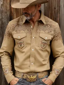 Men's Western Style Totem Badge Shirt, Vintage Workwear, Navajo Geometric Print Long Sleeve Top, Casual Fitted Long Sleeve