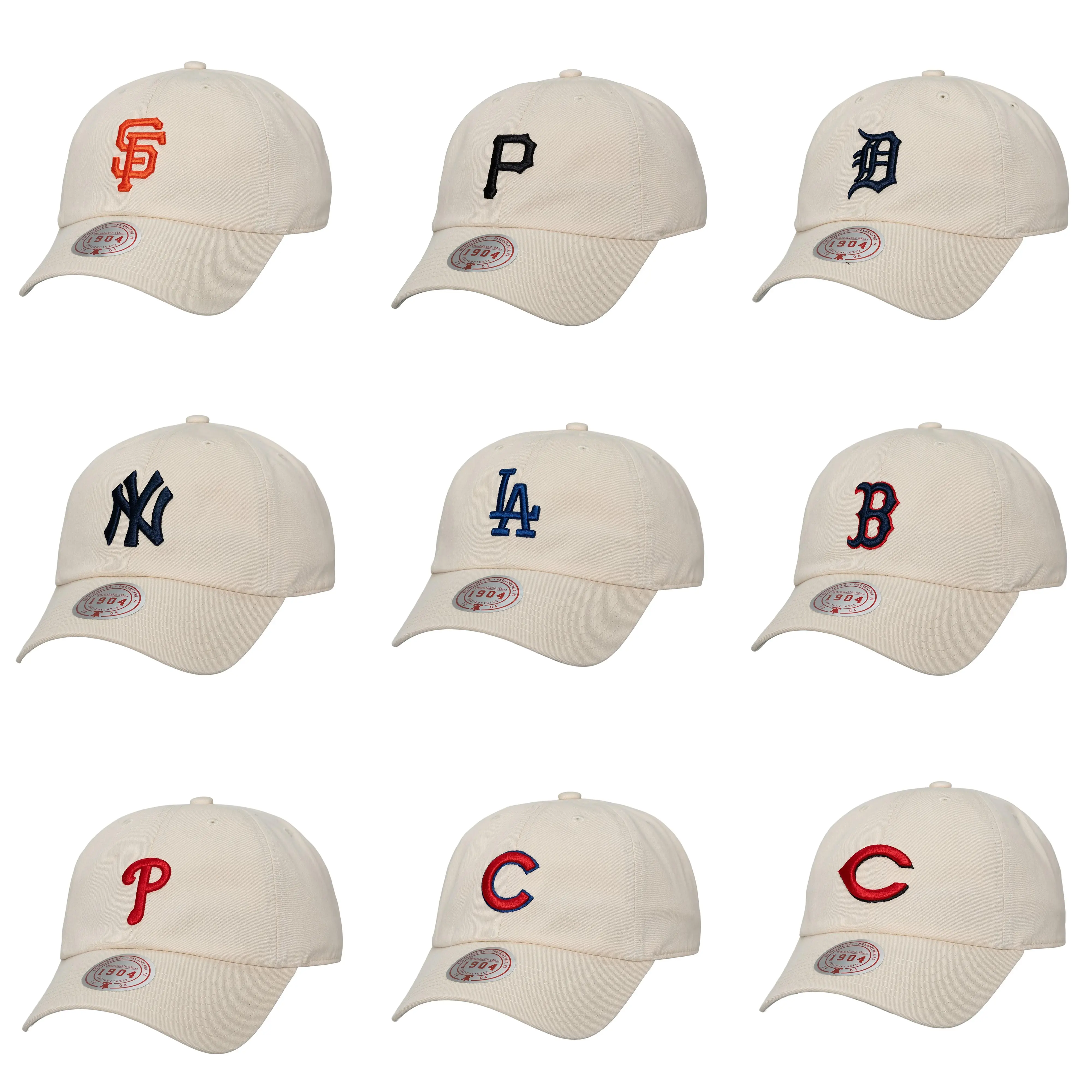 MLB Baseball Hat, Mitchell & Ness Cream Off-Season Strapback Adjustable Cap, Yankee, Dodger, Red Sox