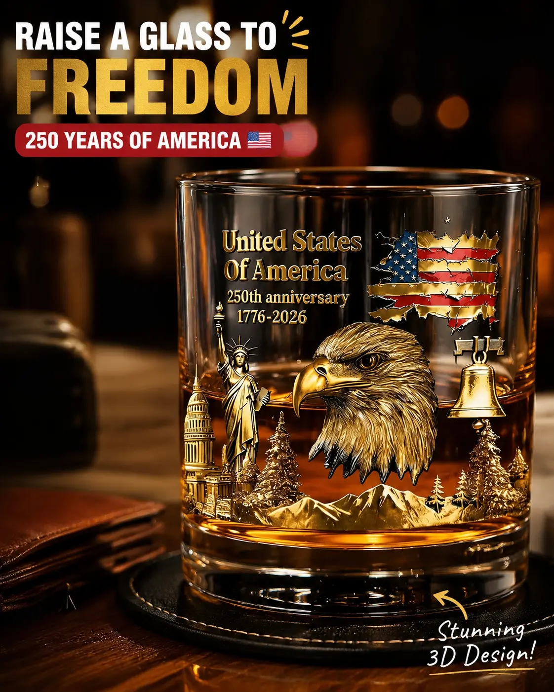 USA 250th Anniversary Whiskey Glass, Eagle & Flag Engraved Crystal Tumbler, Patriotic Bourbon Glass Gift for American Whiskey Lovers