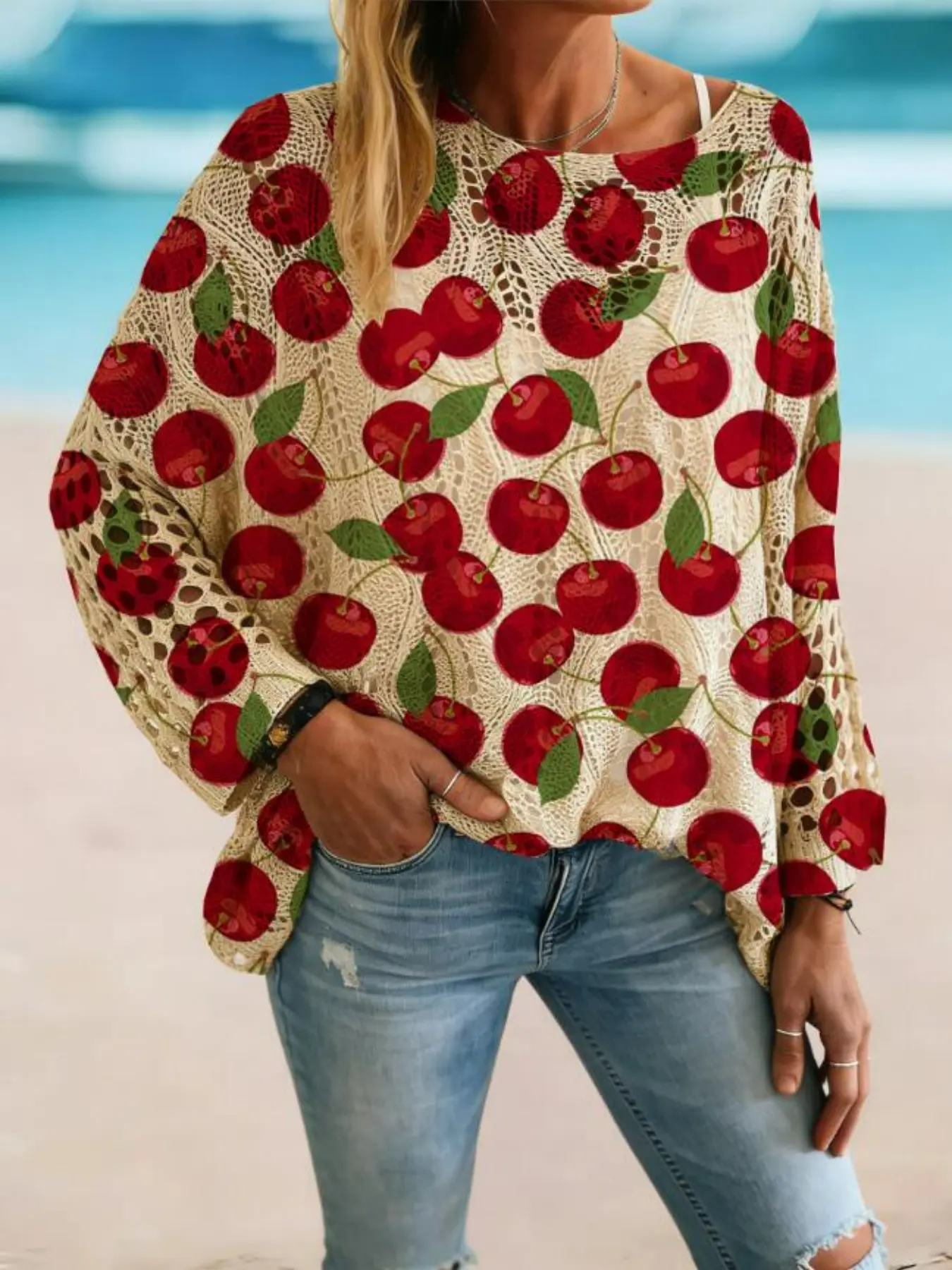 Women's Cherry Print Long Sleeve Knit Top, Elegant Loose-Fitting Hollow Out Batwing Sleeves, All over Print Vacation Sweater