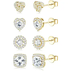 4 Pairs Trendy Sterling Silver CZ Stud Earrings for Women 14K Gold Plated Brilliant Celtic Heart Big Stud Earrings Set Cubic Zirconia Earrings Studs for Sensitive Ear