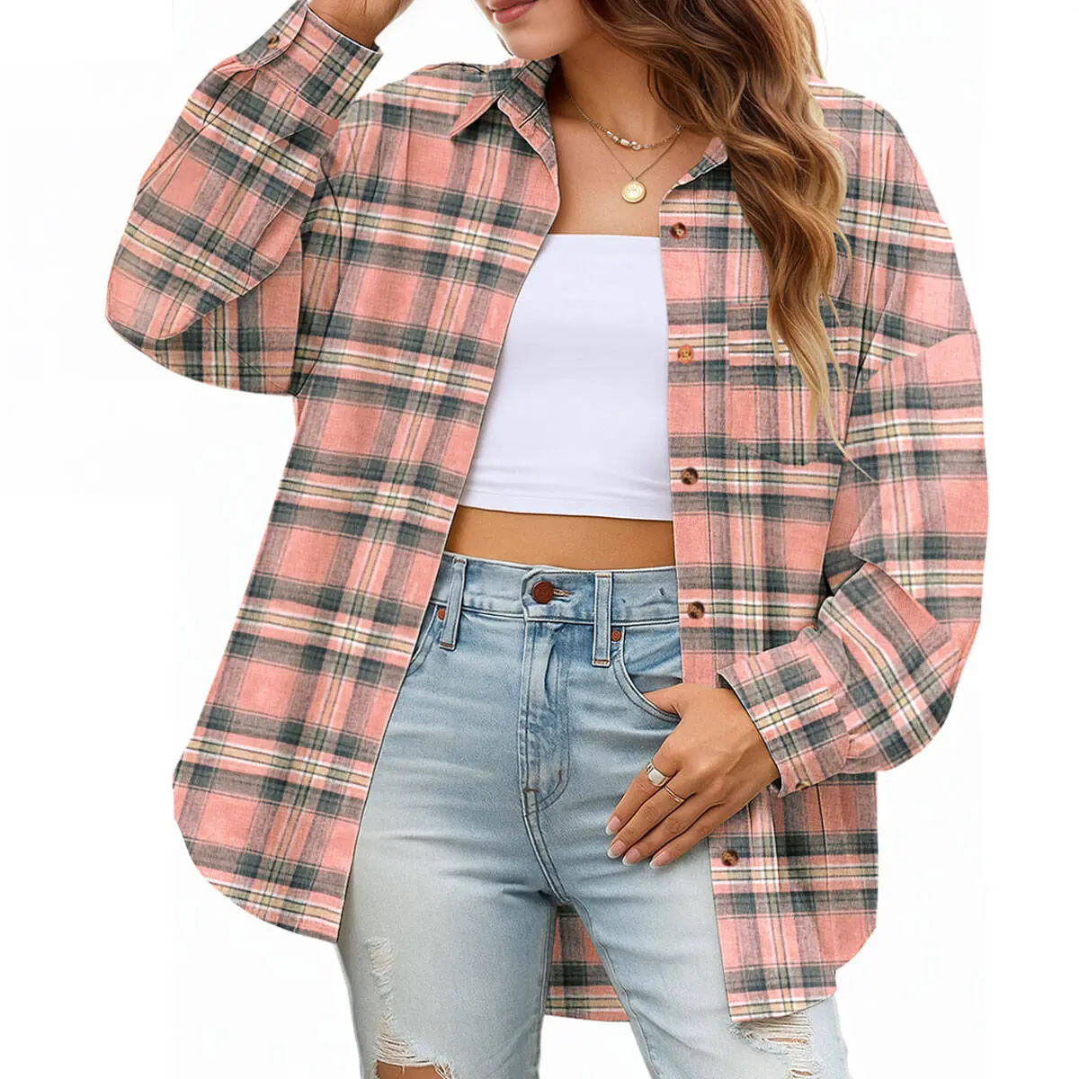 ETCYY NEW Women’s Pink Striped Plaid Flannel Shirt - Fitted Buffalo Check Button-Down Cardigan Blouse, Lady’s Longsleeves Cute Tops Clothes for Women, Dressy Casual Fall Office & Casual Wear Top, Dress Casual