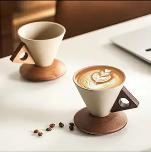 Two Packs Conical 8.45 oz/245 ml Coffee Cup,Ceramic & Acacia Wooden Material, AestheticTriangular Unigue Elegant Modern Design forHome & Office, Beverage Drinkware withHandle Porcelain Mug for Coffee & Tea