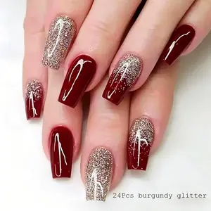 24pcs Medium-Length Wine Glitter Press-On Nails, Reusable Wearable Armor, Easy to Apply, Durable, Perfect for Daily, Party, Creative Manicure