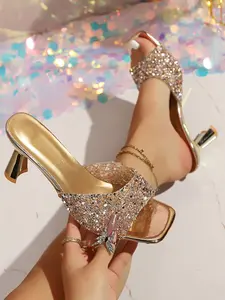 Women's Rhinestone Chunky Heel Mules, Square Toe Open-Toe High Heels, Elegant Evening Shoes, Casual PVC Upper, PU Leather Sole, Sandal Summer