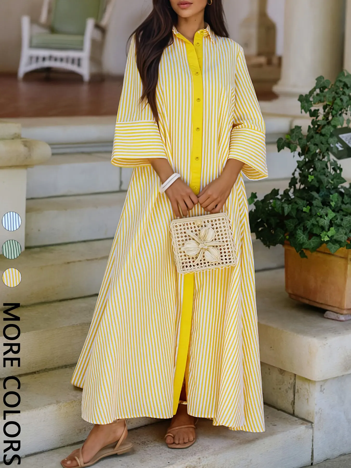 Elegant Women's Striped Button Front Dress, Casual Loose-Fit Lapel Hem, Perfect for Beach Vacations, Streetwear, Daily Wear