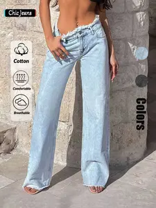 Women's Light Blue Wide Leg Jeans, Light Wash, Soft Denim Material, Comfortable and Versatile, Fashionable Mid Waist Loose Fit Pants, Trouser, Womenswear