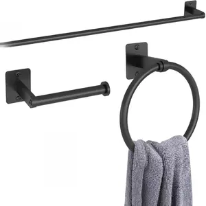 Matte Black Bathroom Accessories Set, 4 Pieces Bathroom Hardware Set, 24 inch Towel Bar, Towel Racks for Bathroom, Robe Towel Hooks, Toilet Paper Holder Wall Mounted