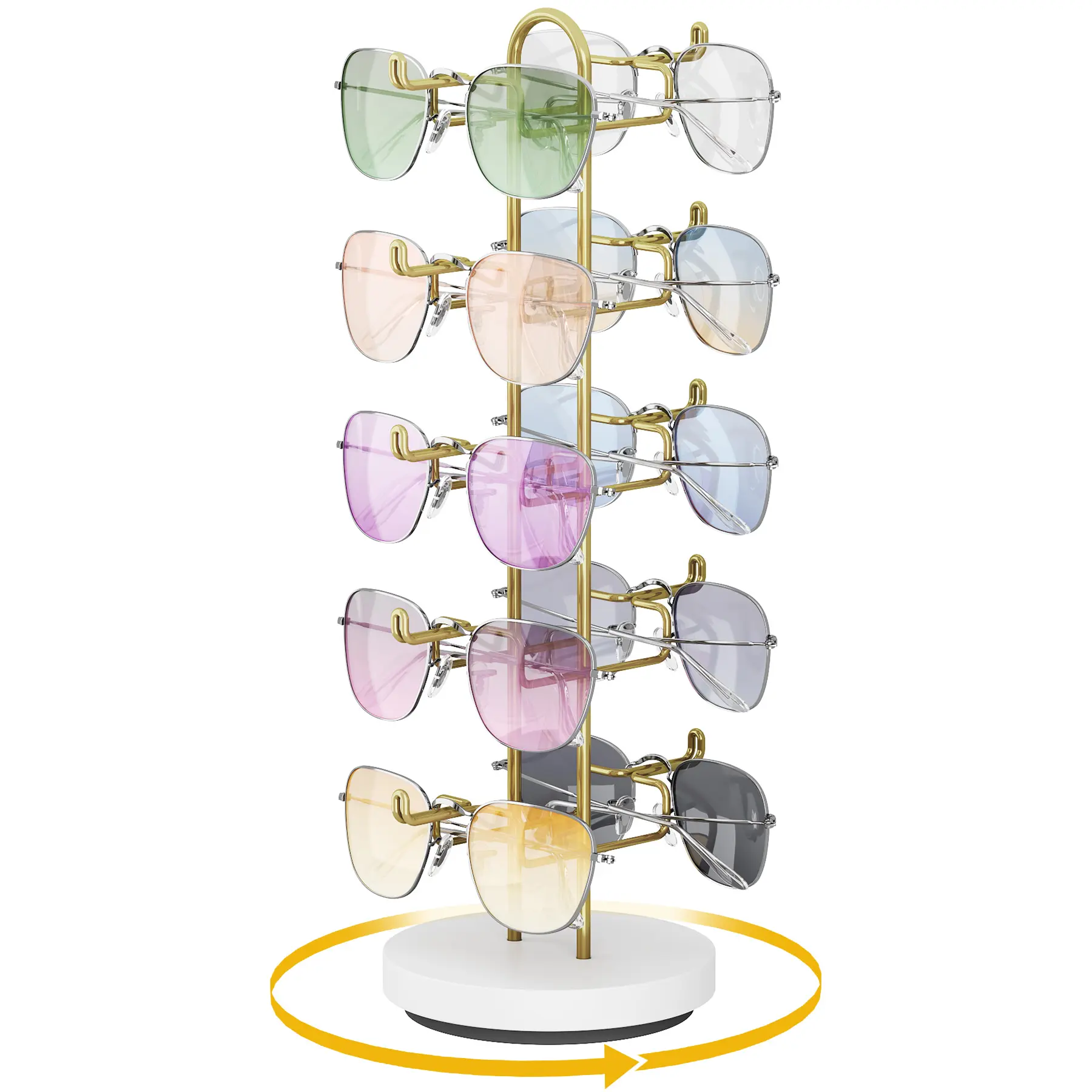 NiHome Industrial Metal 360-Degree Rotating Eyeglass Display Rack - Sturdy Home Supplies, 10 Pairs of Eyeglasses Holder, Easily Assembled Space-Saving Desk Organizer with Wooden Base, Golden Frame for Room Accessories & Gifting