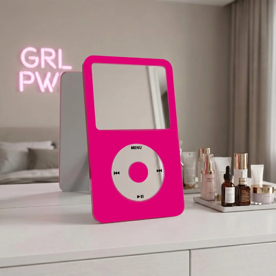 Y2K MP3 Player Mirror Wall Decor, Pink Acrylic Decorative Makeup Mirror, Retro Aesthetic Bedroom & Dorm Room Decor, Vanity Mirror for Gallery Wall, 16.14 x 9.84 Inches