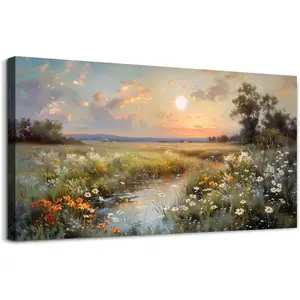 Framed 32L" x 16W" Canvas Wall Art For Living Room Wall Decor For Bedroom Office Decorations Vintage Farmhouse Wildflower Wall Paintings Nature Landscape Picture Artwork Aesthetic Home Decor Ready To Hang