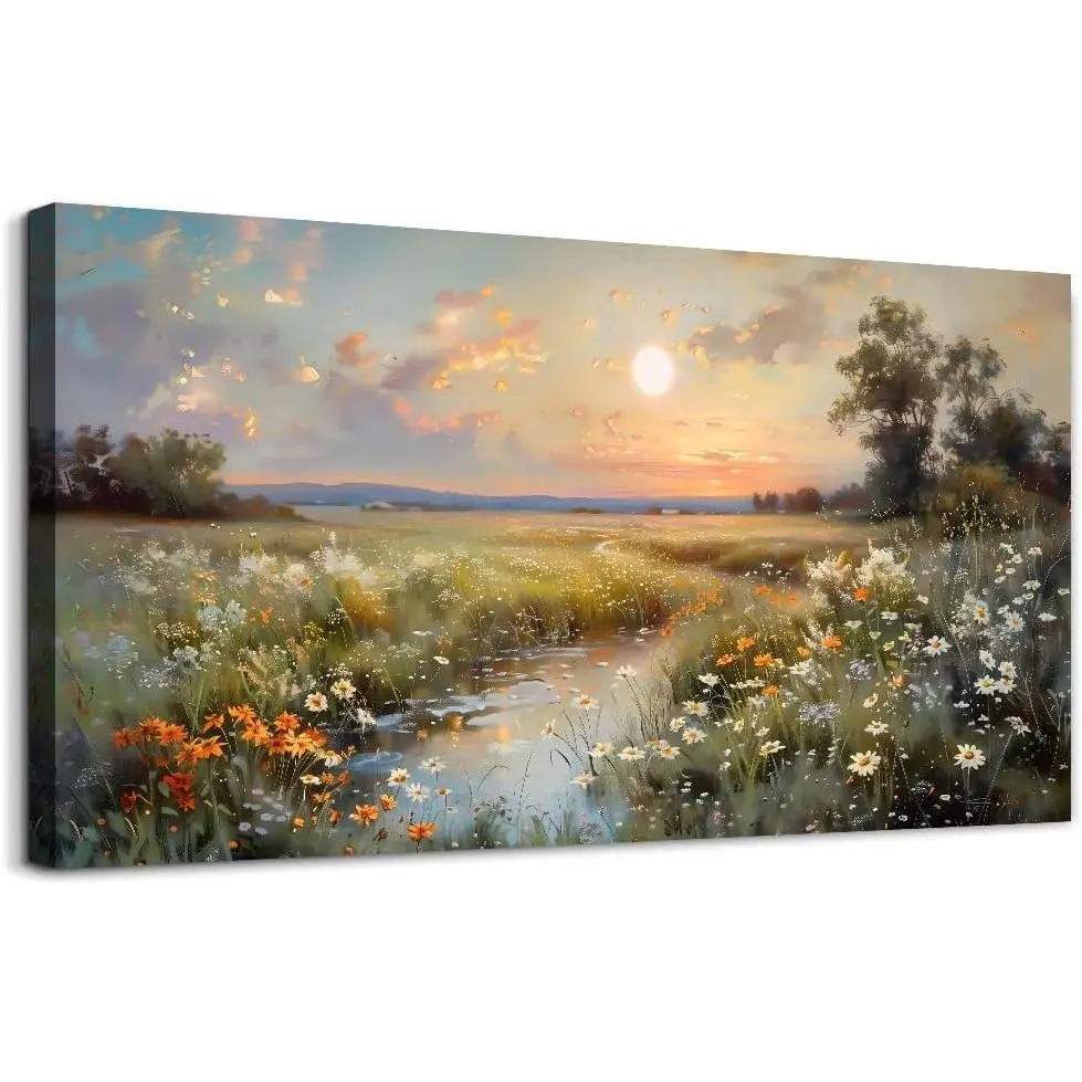 Framed 32L" x 16W" Canvas Wall Art For Living Room Wall Decor For Bedroom Office Decorations Vintage Farmhouse Wildflower Wall Paintings Nature Landscape Picture Artwork Aesthetic Home Decor Ready To Hang Western Wall Art Floral Prints