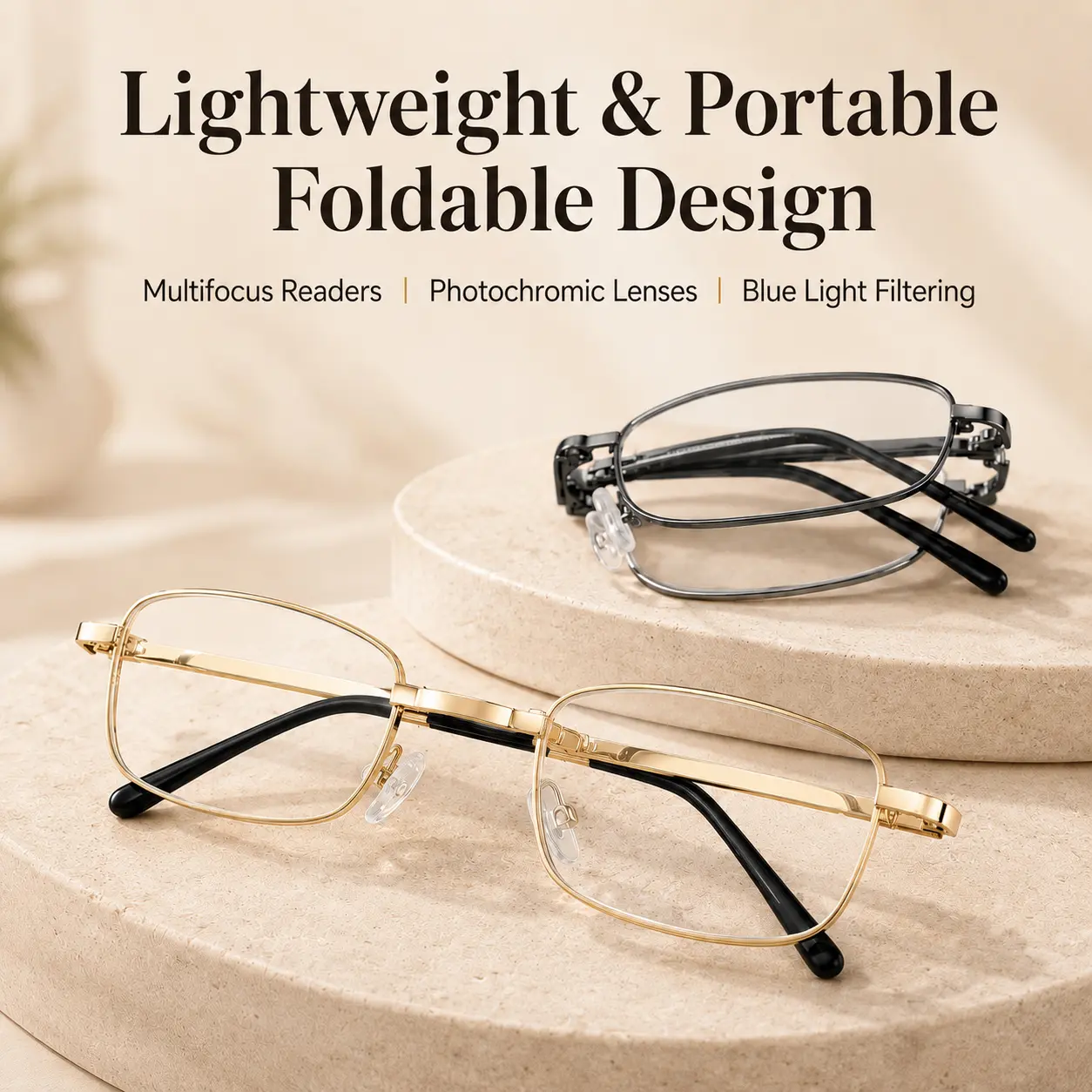 Portable Multifocus Reading Glasses, Photochromic Multifocus Readers with Metal Frame for Reading, Laptop & Phone, Foldable Blue Light Filtering Reading Glasses for Near, Mid & Far Daily Use
