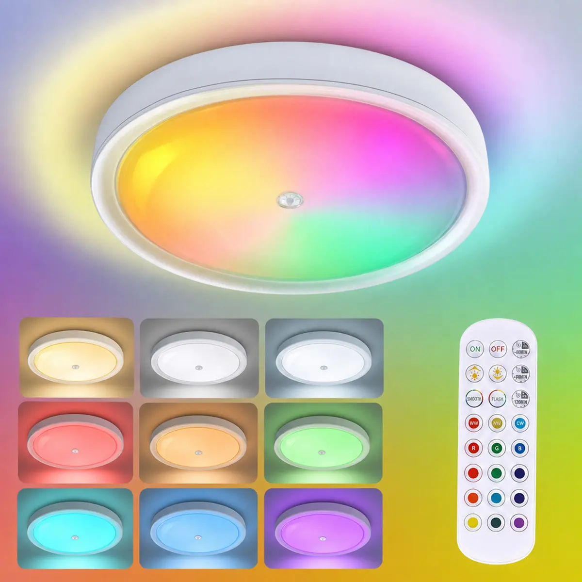 Shower Lights IP65 Waterproof, Motion Sensor Ceiling Light, Rechargeable Closet Light with 10000mAh Battery, LED Shower Lamp for Bathroom, Cordless Ceiling Lamp with RGB Colors, Remote Control,Ambient lighting, holiday parties