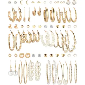 Sanfenly 38 Pairs Gold Earrings Set for Women Girls Boho Drop Dangle Earrings Pack Fashion Pearl Multipack Statement Earrings Bulk Acrylic Hoop Earrings for Gift