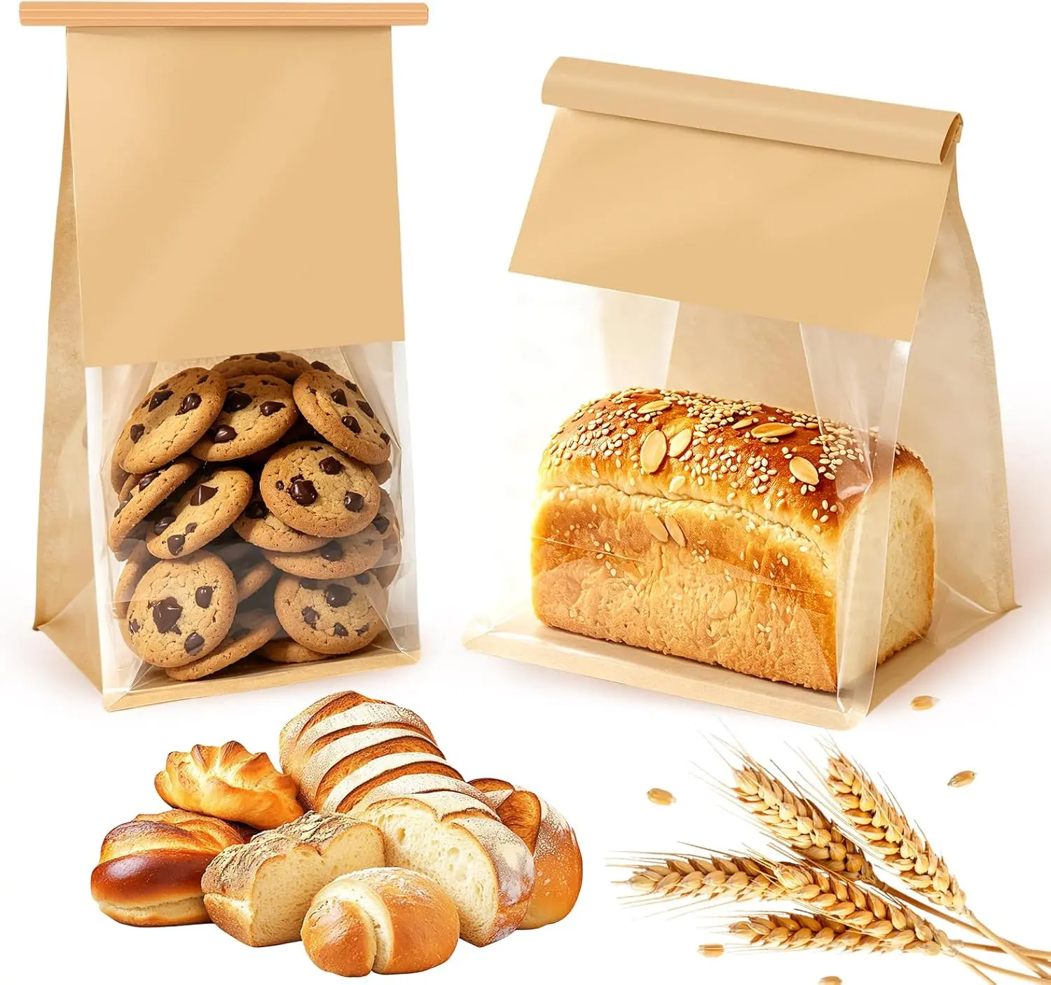 Bakery-Grade Bread & Cookie Bags for Homemade Snack, 2-Size 25Pcs | Luxury Brown Paper Bags with Clear Window, Reusable Tin Tie, Odor-Free Safe for Sourdough, Popcorn, Bake Sales& Snack Storage