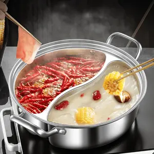Stainless steel 12.6-inch double-grid thickened design household hot pot, cooking pot, suitable for induction cookers, Chinese flavored hot pot