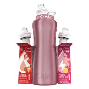 Cirkul 32oz. Rose Gold Metallic Stainless Steel Water Bottle Starter Kit with Blue Lid, 2 Flavor Cartridges (1 LifeSip Strawberry and 1 GoSip Passion Fruit Dragon Fruit), Zero Calories and No Sugar