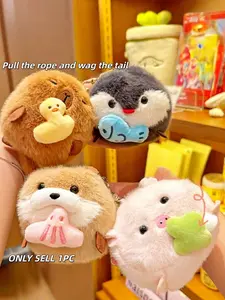 Pull String Wag Tail Fluffy Animal Keychain Set Interactive Capybara Penguin Otter Pig Plush Pendant Aesthetic Backpack Bag Charm Stress Relief Toy Gift for Women Girls Teens Animal Lovers